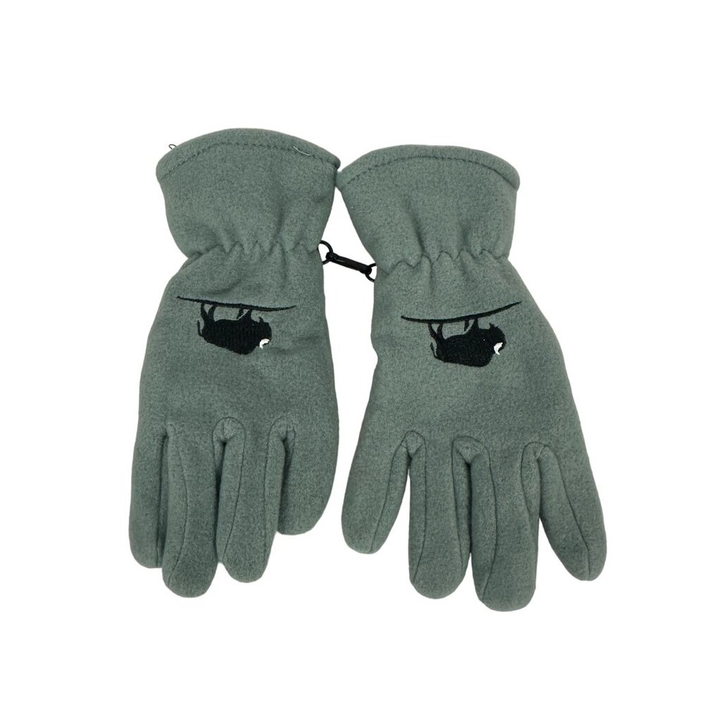 Womens Green Fleece Gloves With Black Cat Embroidery Polyester Winter Warm
